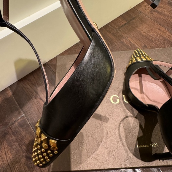 Gucci Malaga Kid Nero T-strap Studded Heels Size 37 - Picture 6 of 9